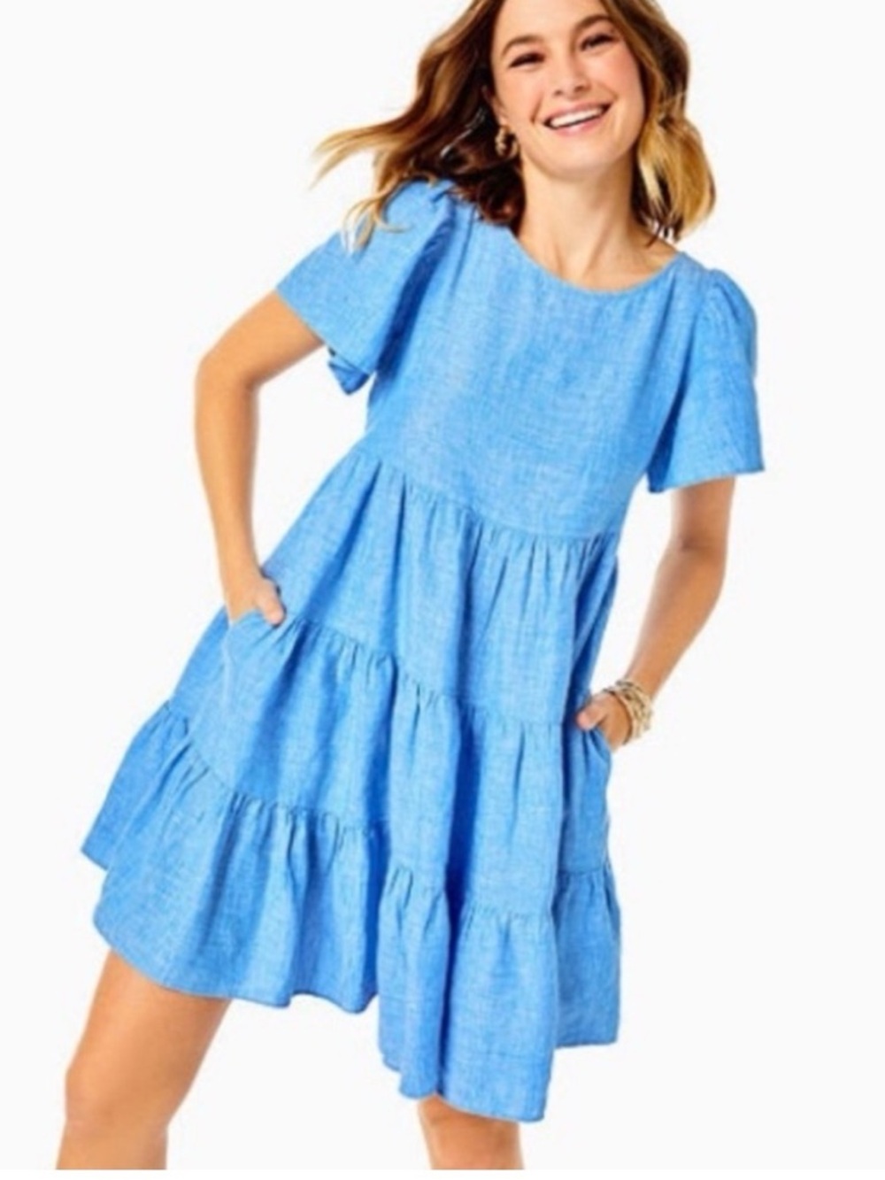 Lilly Pulitzer Blue 100% Linen Tiered Ruffle Chambray Dress Coastal Soft M D02